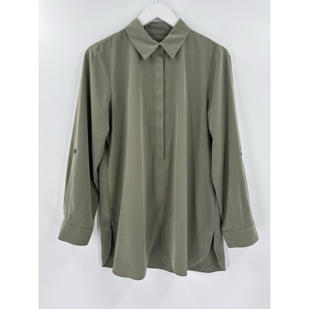 Chico's Blouse Womens Medium Olive Green Collared Long Sleeves Hidden Buttons